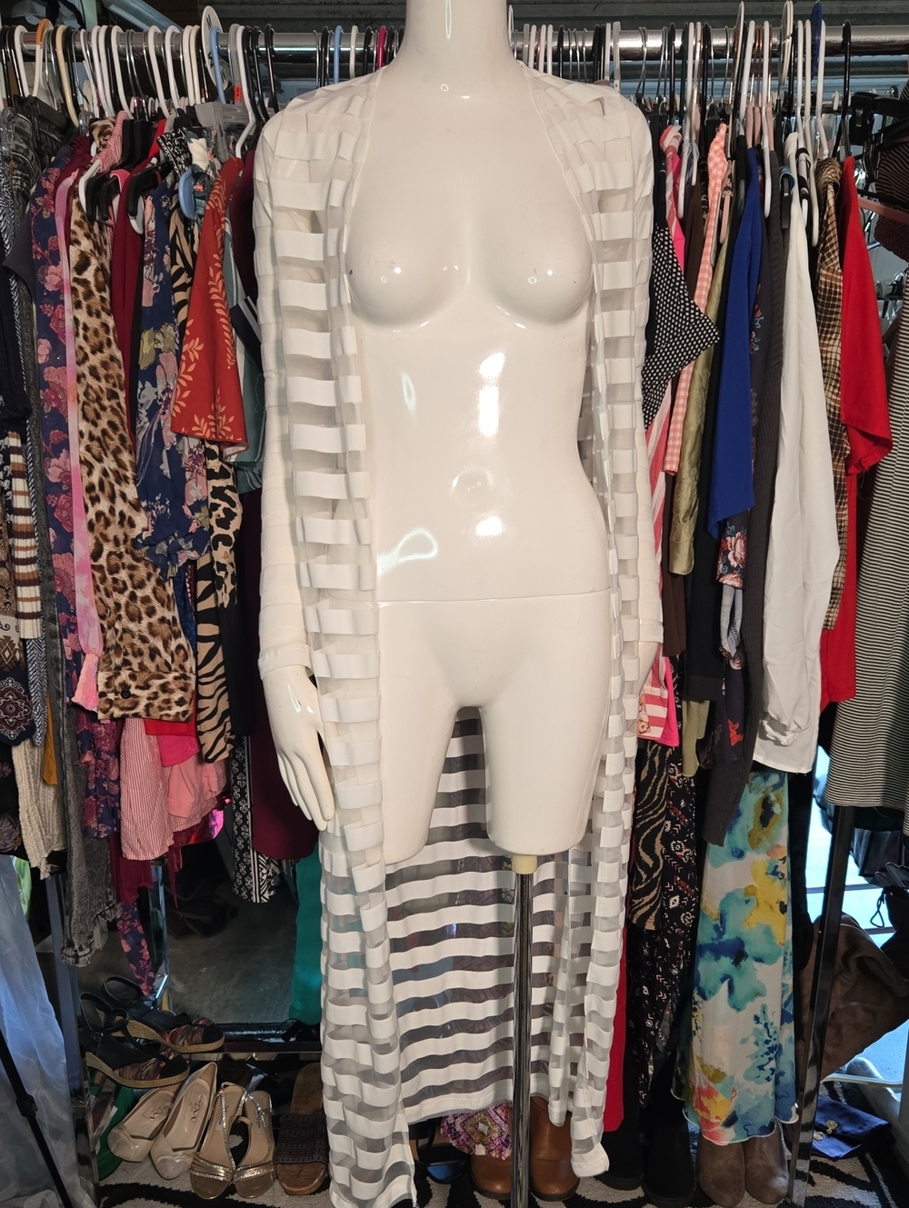 Fashion Nova White & Light Gray Sheer Striped Long Duster